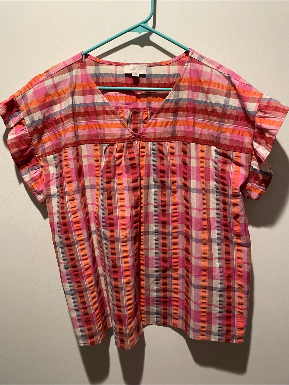 LOFT Striped Short Sleeve Blouse in Pink, Orange & White